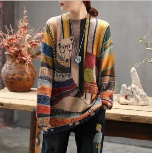 Vintage Women's Cartoon Print Cashmere-Cotton Crewneck Sweater for Fall & Winter