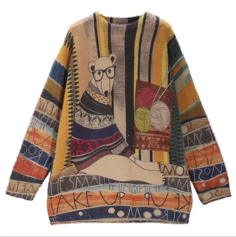 Vintage Women's Cartoon Print Cashmere-Cotton Crewneck Sweater for Fall & Winter - Image 5