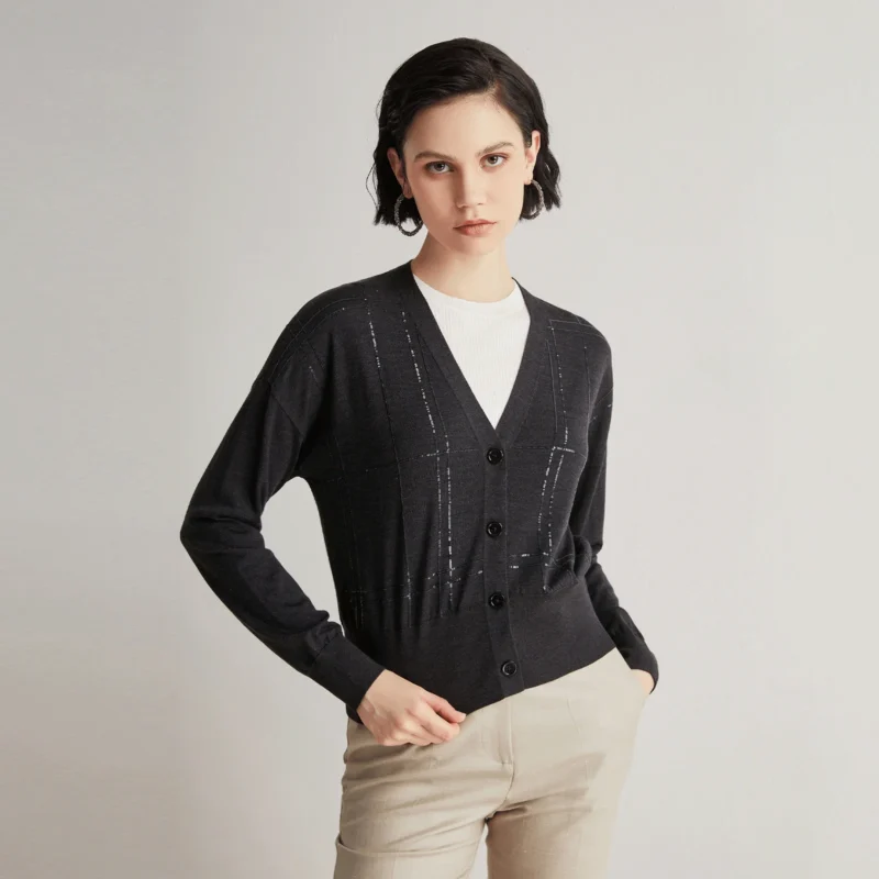 Luxury V-Neck Women's Wool-Silk Cardigan Sweater with Sequin Beading - Image 3