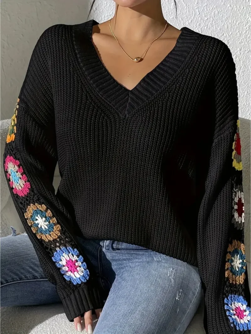 Embroidered Floral Women's V-Neck Loose Acrylic Sweater with Decorative Cuffs - Image 4