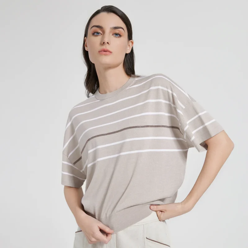 Luxury Striped Women's Silk-Merino Blend Knit Sweater for Summer Comfort - Image 8