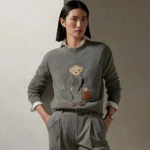 Premium Women's Embroidered Bear Cashmere Blend Sweater with Loose Fit