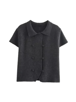 Classic Women's Double-Breasted Knitted Blazer with Short Sleeves