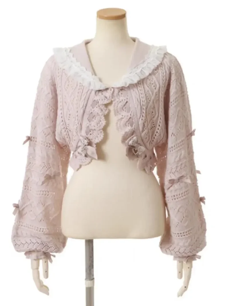 Sweet Sailor Collar Women's Knitted Cardigan Sweater with Lantern Sleeves - Image 8