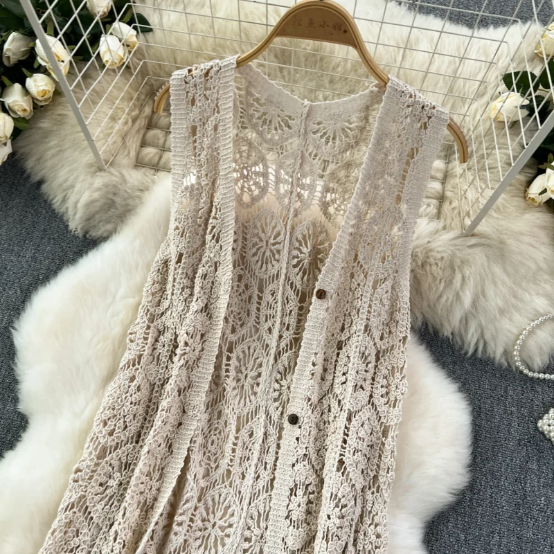 Bohemian Women's Open-Knit Longline Cardigan Sleeveless Beach Cover-up - Image 5