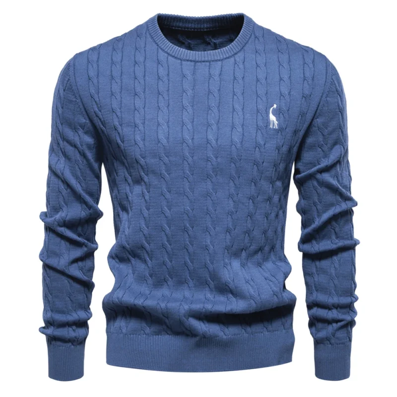 Classic Men's Cotton Giraffe Embroidery Pullover Sweater with Twist Pattern - Image 14