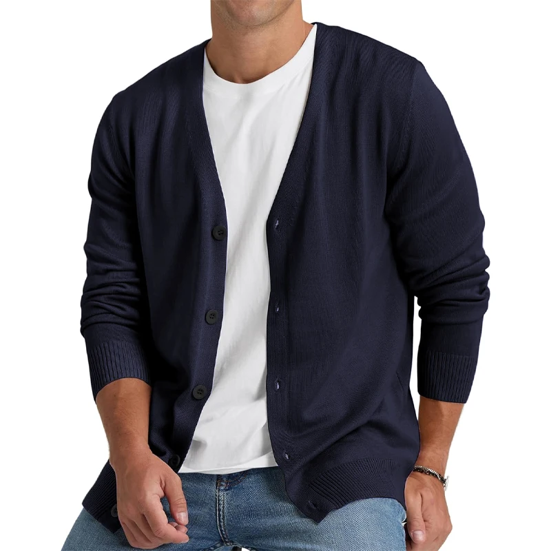 Men's cardigan styled with denim for seasonal transitional outfits