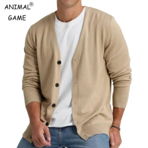 Classic V-Neck Men's Knitted Button-Down Cardigan Sweater for All Seasons