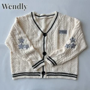 Oversized V-Neck Women's Folklore Knitted Cardigan with Embroidered Star Detail