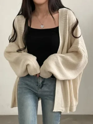 Elegant Oversized Women's Acrylic V-Neck Cardigan Sweater with Vintage Appeal