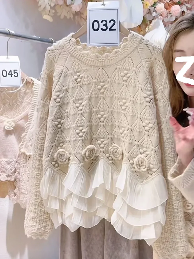 Elegant Women's 3D Flower Knit Pullover with Ruffle Detail - Image 4