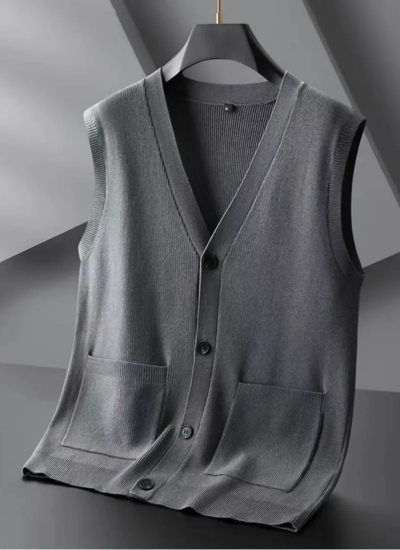 Classic V-Neck Men's Oversized Knitted Cardigan Vest for Winter Comfort - Image 8
