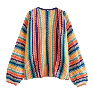 Casual Striped Women's Loose Knit Cardigan Sweater with Lantern Sleeves for Fall-Winter