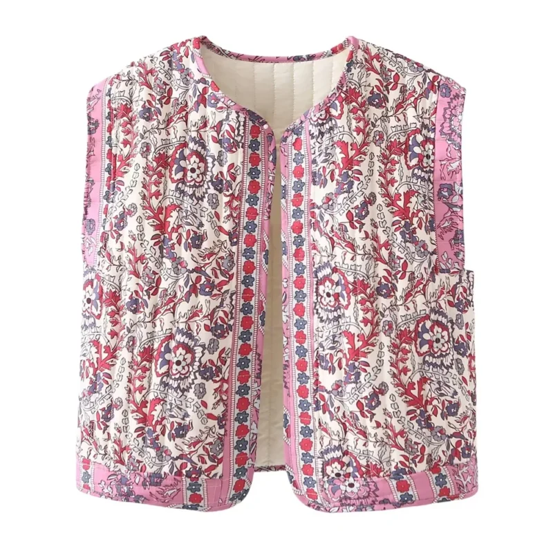 Boho Printed Women's Lightweight Quilted Vest with O-Neck Design - Image 7