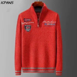 Classic Men's Cotton-Wool Quarter Zip Mock Neck Pullover Sweater with Jacquard Design
