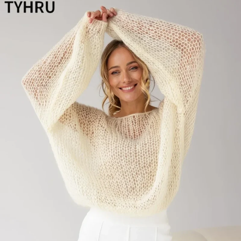 Elegant Women's Mesh Knit Pullover Sweater with Lantern Sleeves - Image 9