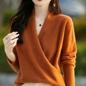 Luxury V-Neck Women's 100% Pure Wool Pullover Sweater for Winter Warmth