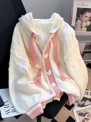 Elegant Hooded Women's Cotton-Blend Knit Cardigan Sweater with Loose Fit