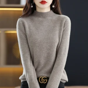 Luxury Mock Neck Women's 100% Pure Wool Pullover Sweater for Winter Warmth