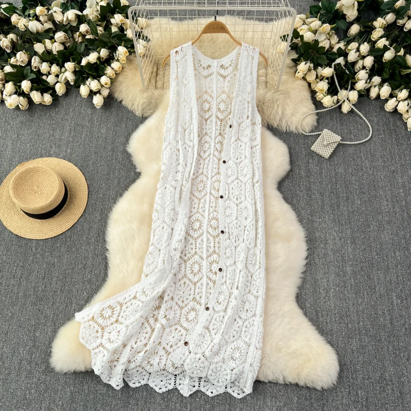 Bohemian Women's Open-Knit Longline Cardigan Sleeveless Beach Cover-up - Image 2