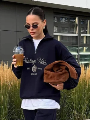 Vintage Embroidered Letter Pullover Women's Cotton-Blend Sweatshirt with Lapel Collar