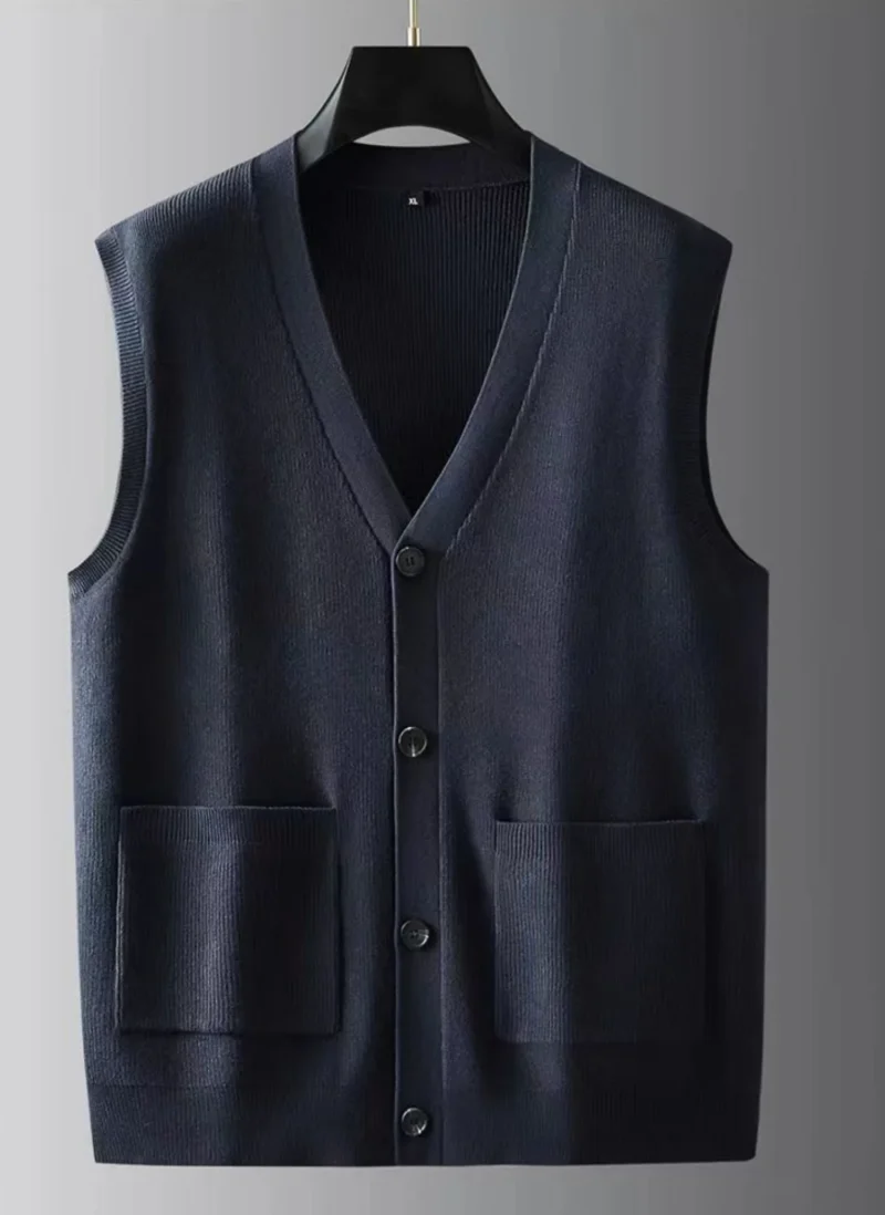 Classic V-Neck Men's Oversized Knitted Cardigan Vest for Winter Comfort - Image 7