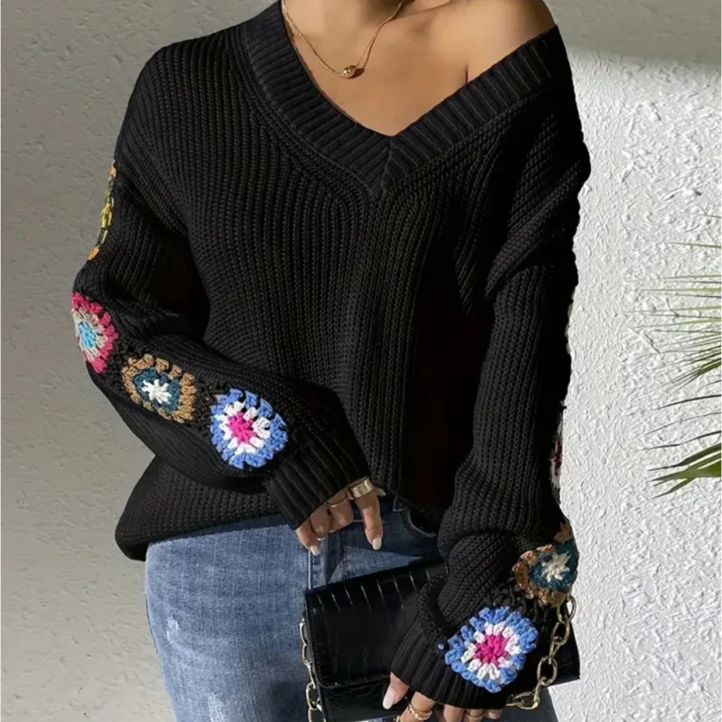 Embroidered Floral Women's V-Neck Loose Acrylic Sweater with Decorative Cuffs - Image 6