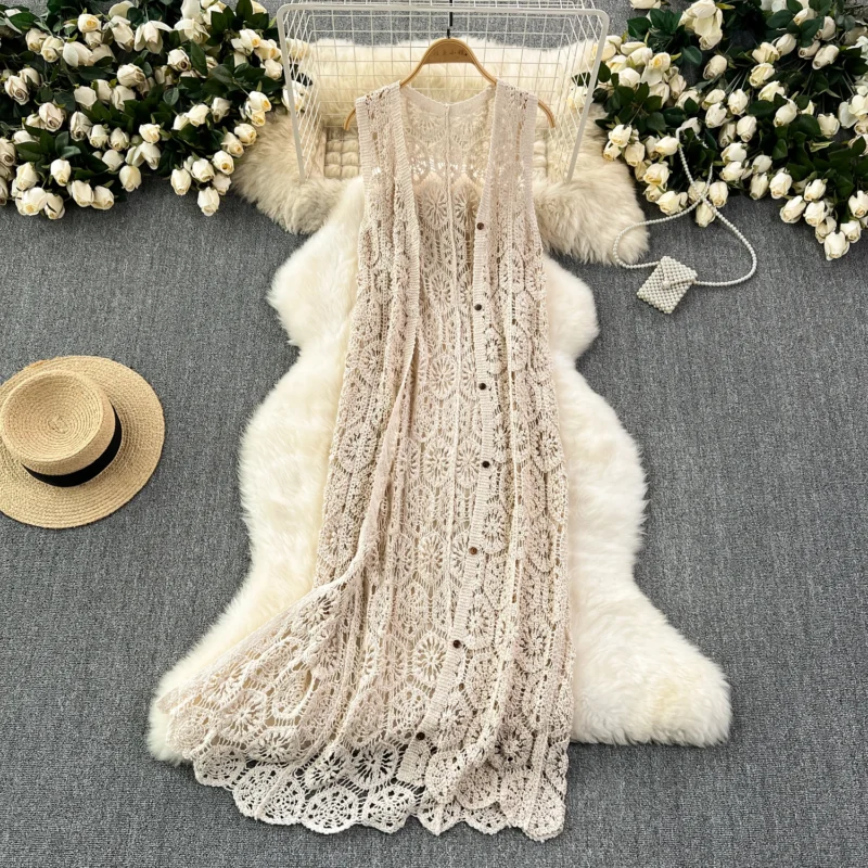Bohemian Women's Open-Knit Longline Cardigan Sleeveless Beach Cover-up - Image 3