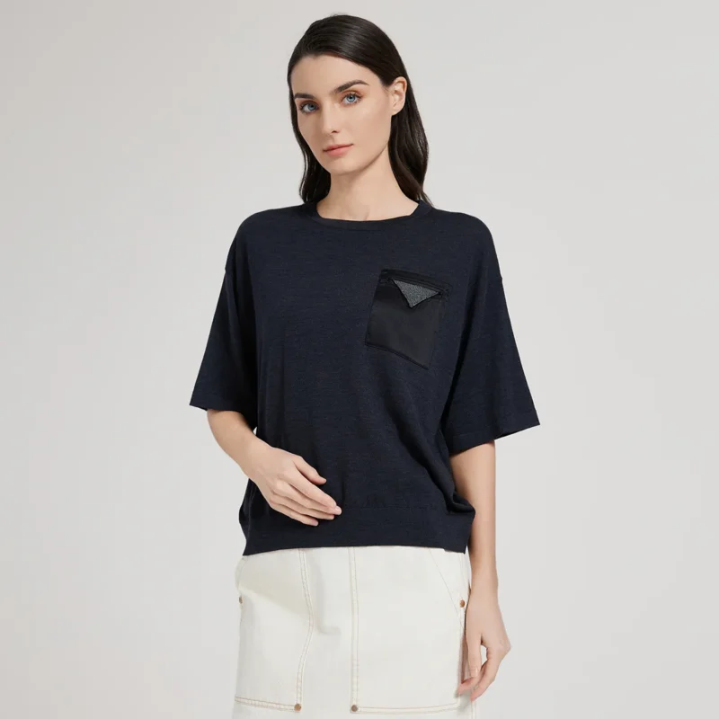 Elegant Women's Wool-Silk Blend Short Sleeve Pullover Sweater with Zipper Detail - Image 4
