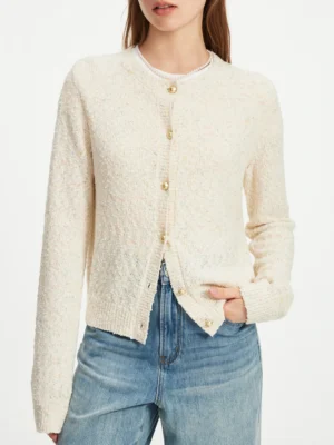 Elegant French Style Women's Knitted Floral Cardigan with Round Neck