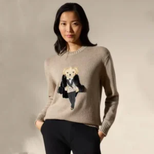 Luxury O-Neck Unisex Cashmere Cotton Pullover Sweater with Cartoon Bear Design
