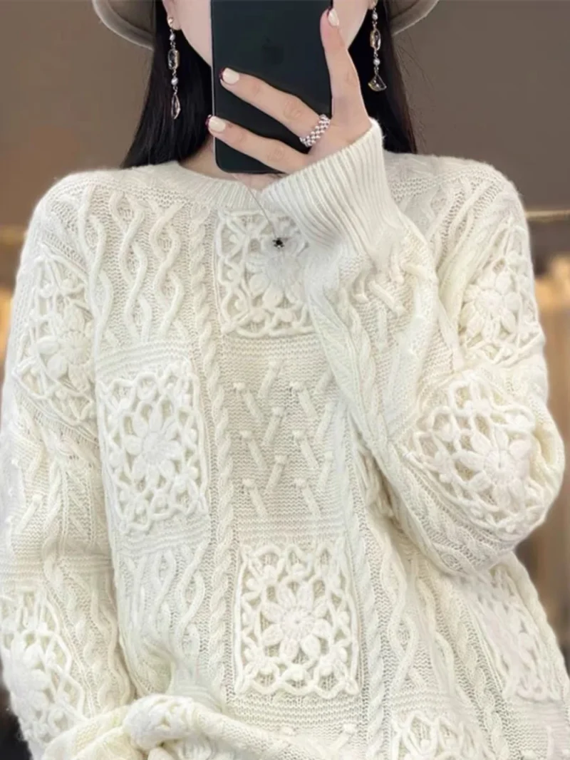Y2K-Inspired Women's O-Neck 100% Wool Hollow Out Oversized Sweater - Image 5