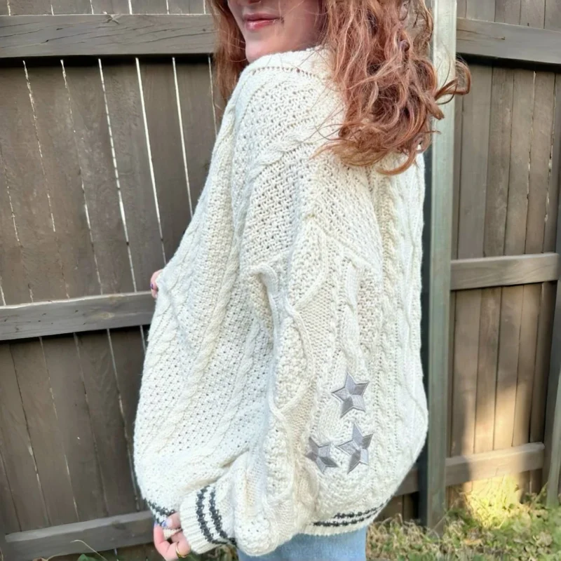 Vintage Star Embroidered Women's Cotton Blend Cardigan with Oversized Fit - Image 6