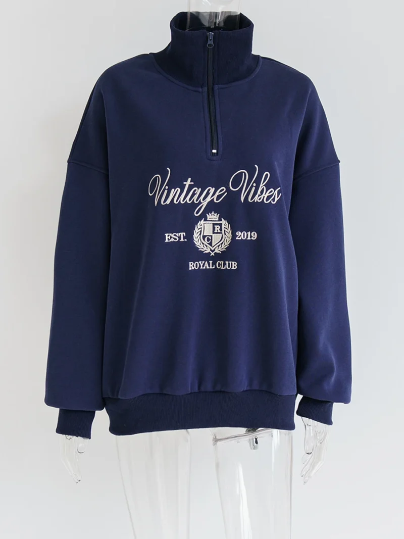 Vintage Embroidered Letter Pullover Women's Cotton-Blend Sweatshirt with Lapel Collar - Image 4
