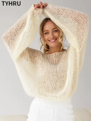 Elegant Women's Mesh Knit Pullover Sweater with Lantern Sleeves