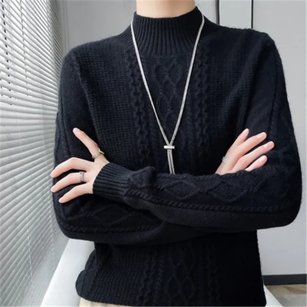 Cozy women's turtleneck sweater styled with classic jeans for seasonal versatility