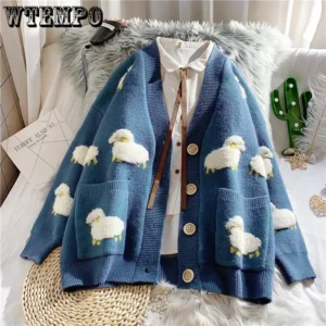 Vintage Oversized V-Neck Women's Knitted Cardigan with Sheep Embroidery