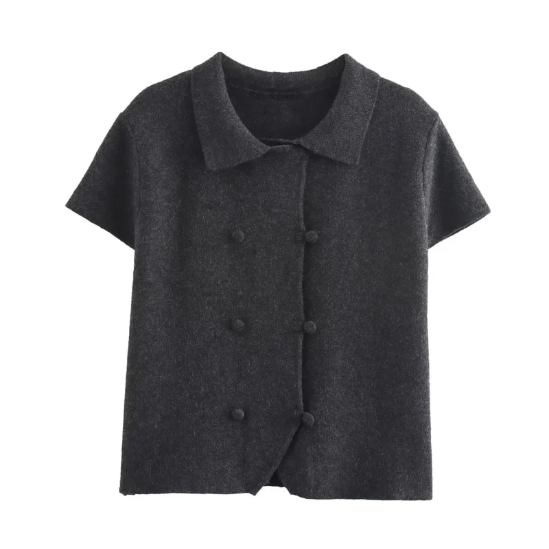 Classic Women's Double-Breasted Knitted Blazer with Short Sleeves - Image 7