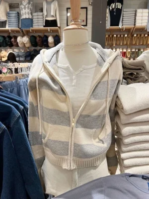 Y2K Striped Women's Cotton Cropped Cardigan Sweater with Hood and Zipper