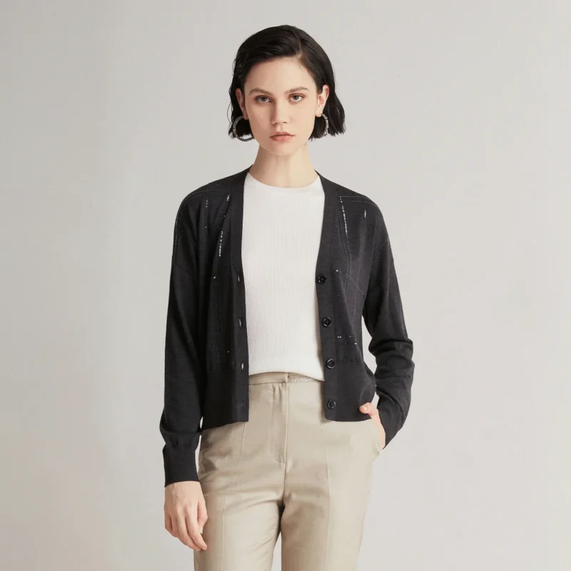Luxury V-Neck Women's Wool-Silk Cardigan Sweater with Sequin Beading - Image 8