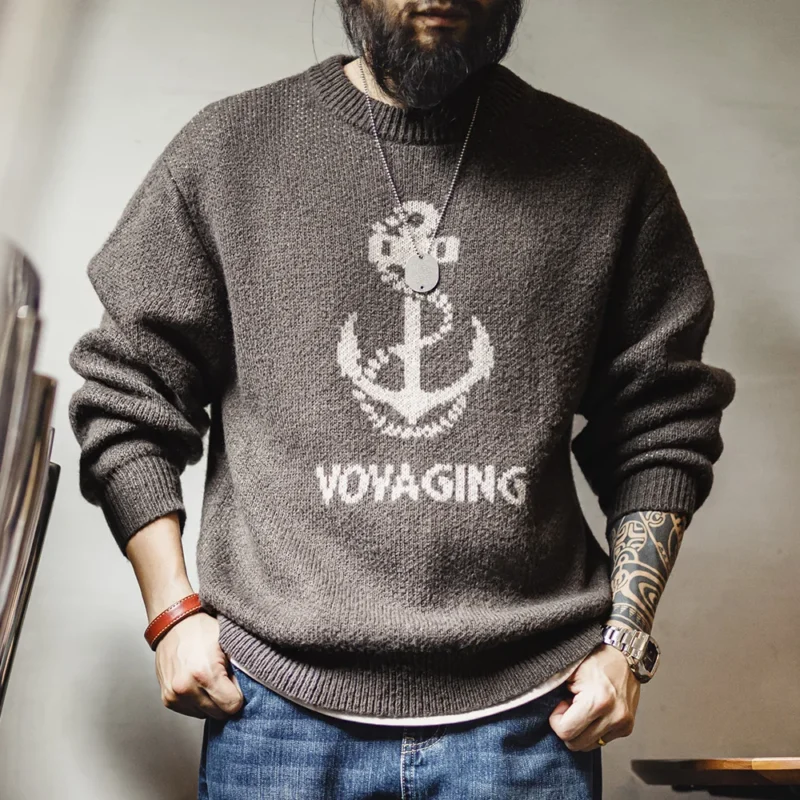 Vintage Men's Wool Blend Ribbed Knit Crewneck Sweater for Cold Weather