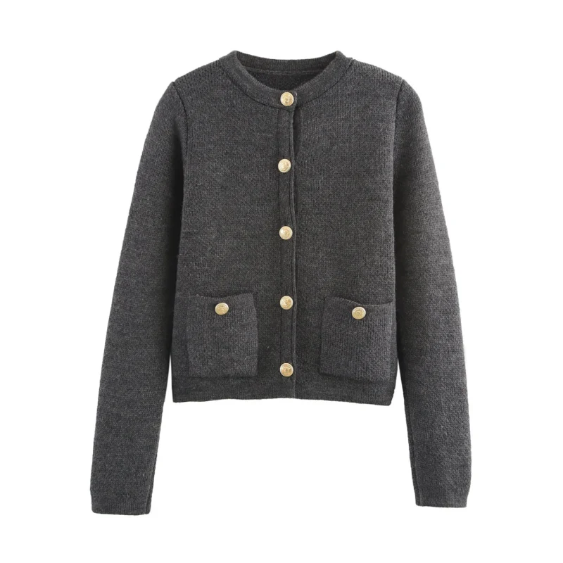 Classic O-Neck Women's Button Decorated Cardigan Sweater with Pockets - Image 9
