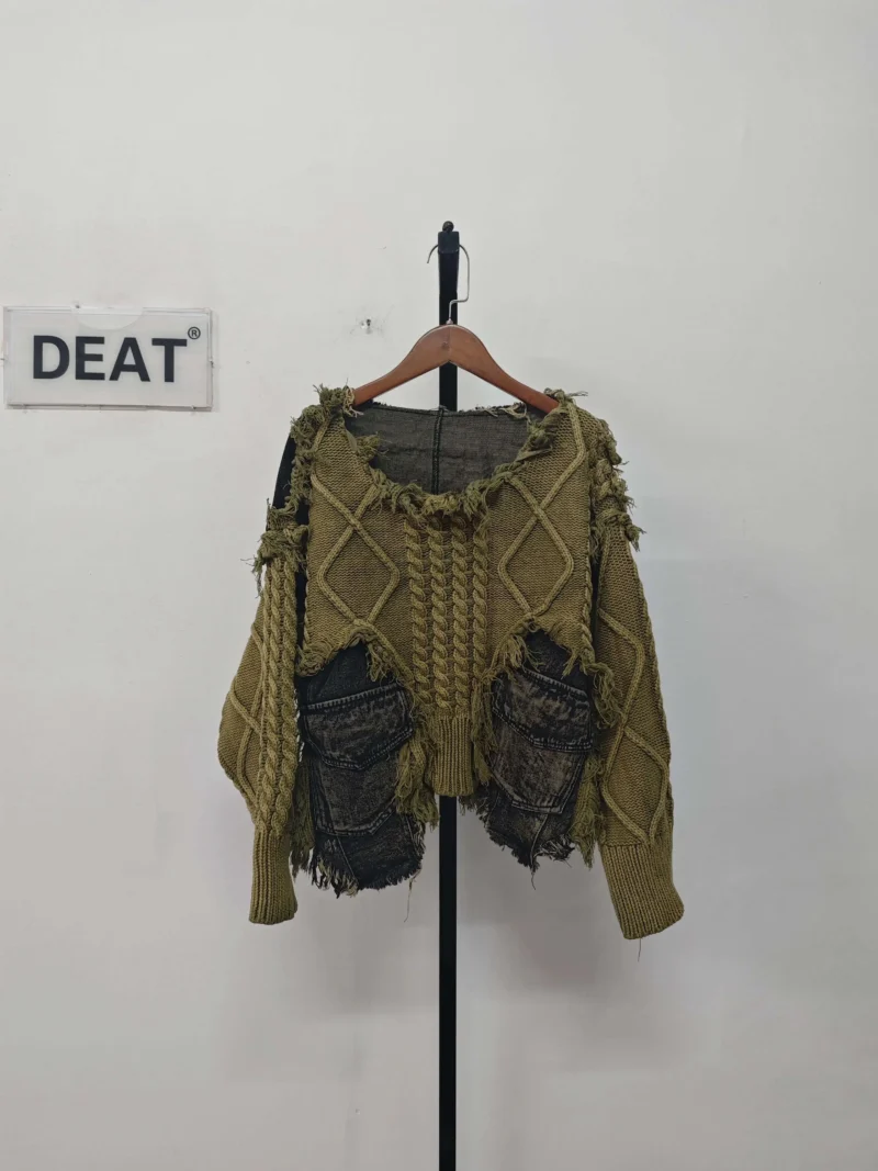 Distressed Denim Women's Loose Fit Patchwork Sweater with Vintage Washed Detail - Image 7