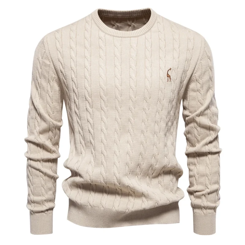 Classic Men's Cotton Giraffe Embroidery Pullover Sweater with Twist Pattern - Image 10
