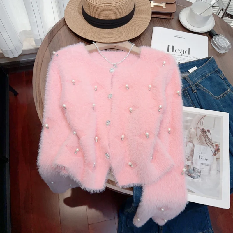 Elegant Pearl-Embellished Women's Knit Cardigan Sweater with Lantern Sleeves - Image 5
