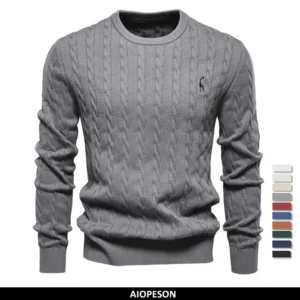 Classic Men's Cotton Giraffe Embroidery Pullover Sweater with Twist Pattern