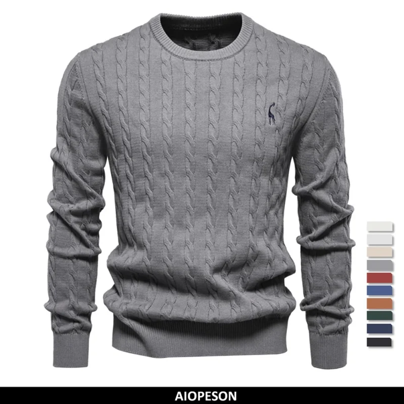 Classic Men's Cotton Giraffe Embroidery Pullover Sweater with Twist Pattern