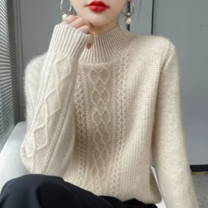 Elegant Mock Neck Women's Knitted Pullover Sweater with Cozy Warmth