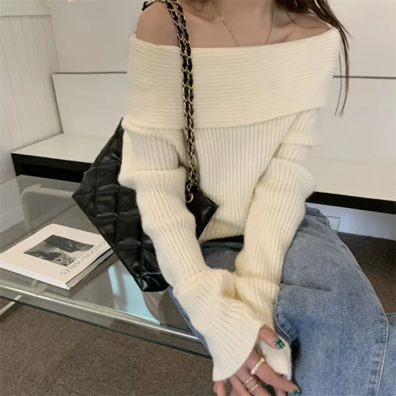 Elegant Off-Shoulder Women's Slim Fit Sweater with Collarbone-Enhancing Neckline - Image 3