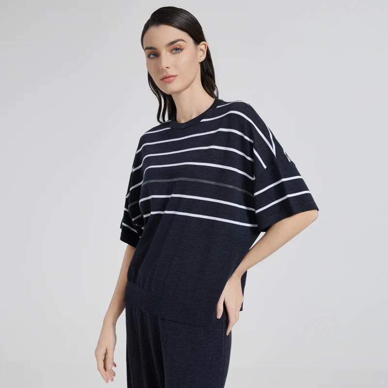 Luxury Striped Women's Silk-Merino Blend Knit Sweater for Summer Comfort - Image 3